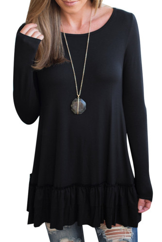 Black Double Ruffle Hem Long Sleeve Tunic Tops