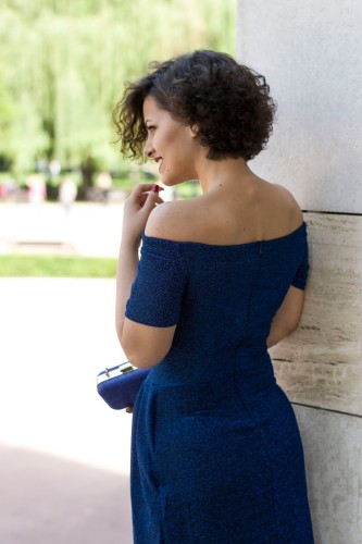 Blue Off Shoulder Short Sleeve Metallic Slit Party Dress