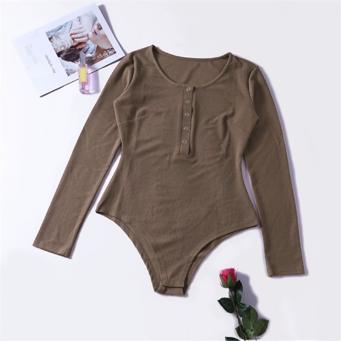 Khaki Long Sleeve Button Front Bodysuit