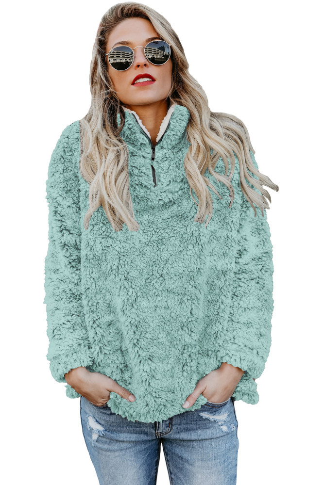 Light Green Zipper Fleece Pullover Coat