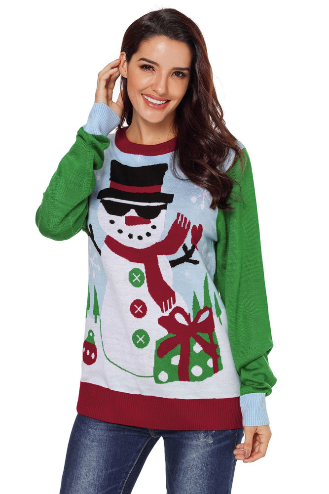 Cool Snowman Christmas Sweater with Green Sleeves