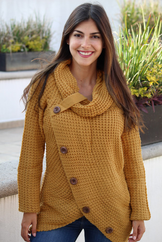 Mustard Buttoned Wrap Turtleneck Sweater
