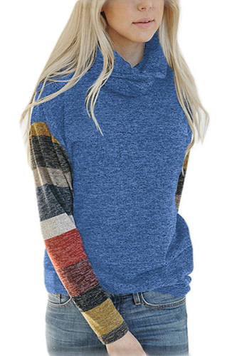 Color Blocked Long Sleeve Blue Cowl Neck Sweatshirt