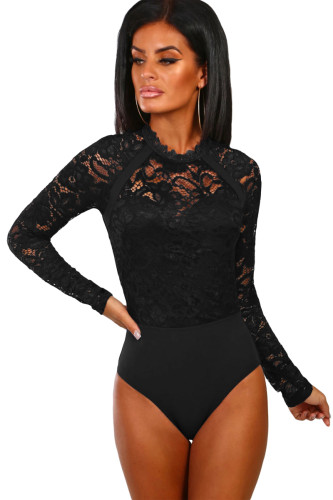 Black Cutout Back Floral Lace Long Sleeve Bodysuit