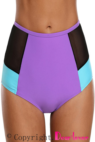Purple Blue Color Block Mesh Insert Swim Bottom