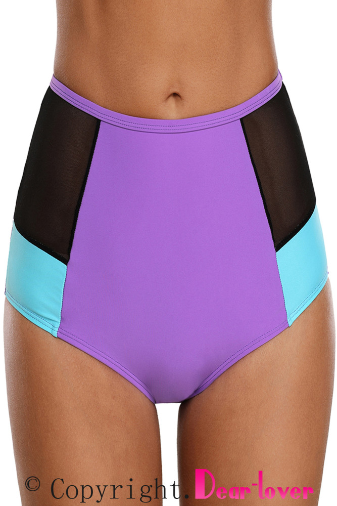 Purple Blue Color Block Mesh Insert Swim Bottom