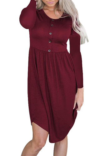 Red Long Sleeve Button Ruffled Irregular Hem Swing Dress
