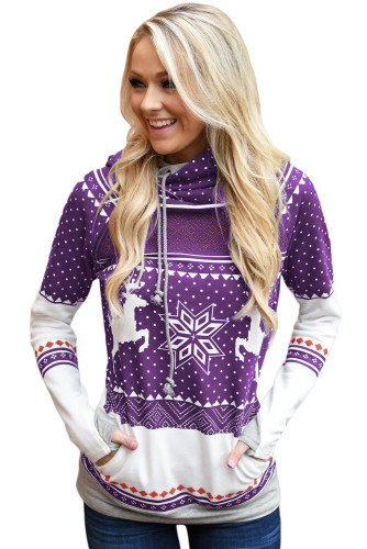 Purple Snow Reindeer Double Hooded Sweatshirt