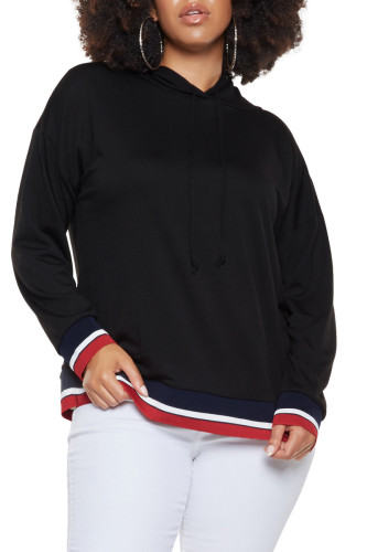 Tricolor Striped Trim Black Plus Size Hoodie