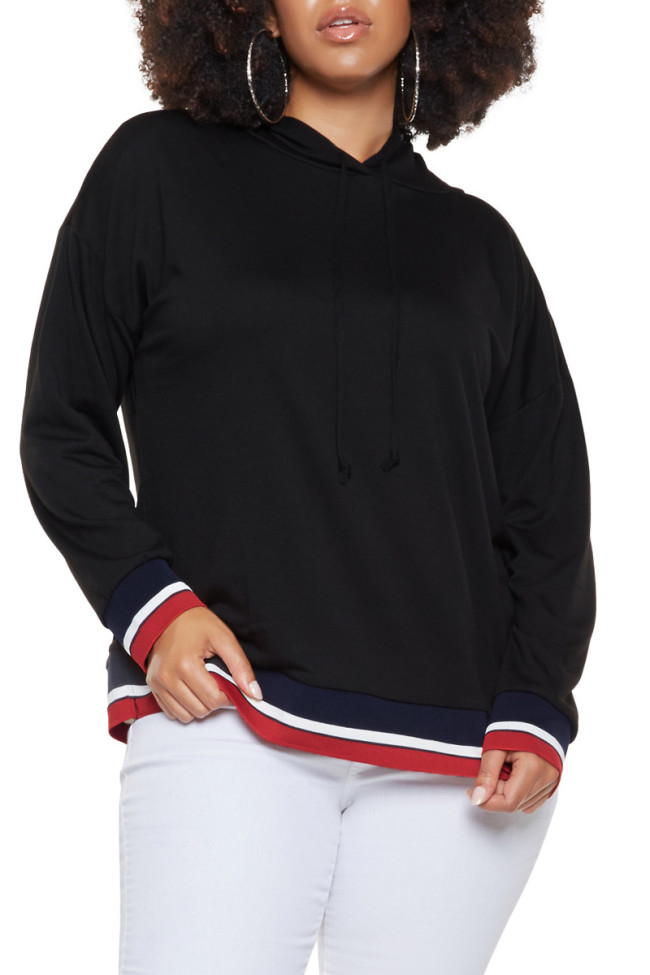 Tricolor Striped Trim Black Plus Size Hoodie