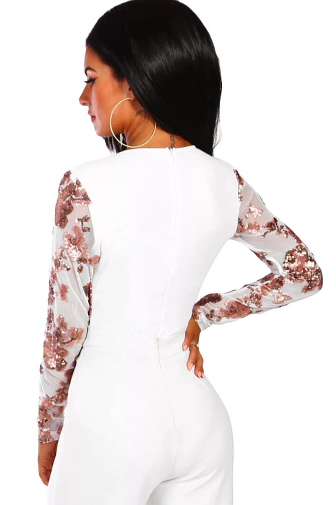 Gold Sequin White Mesh Long Sleeve Bodysuit