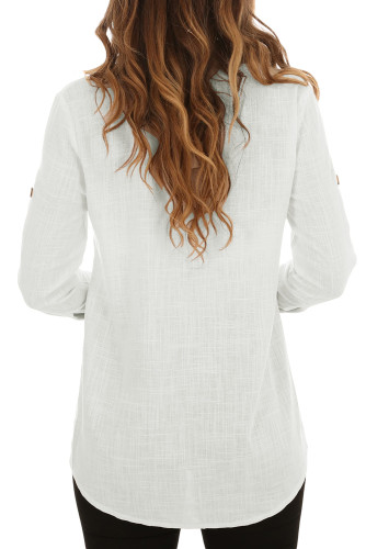 White Buttoned Pockets Shawl Collar Linen Blouse