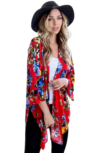 Lightweight Bell Sleeve Red Floral Cardigan