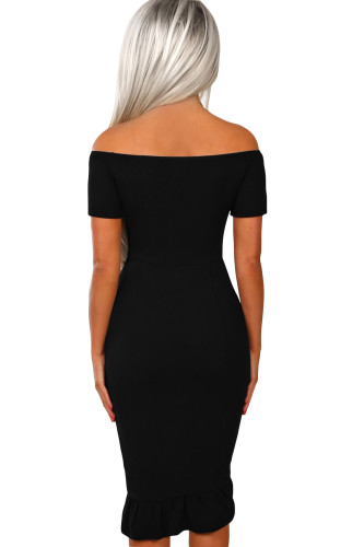 Black Frill Trim Short Sleeve Off Shoulder Midi Dress