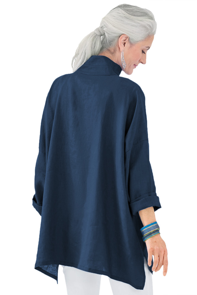 Navy Stand Collar Button Front Blouse