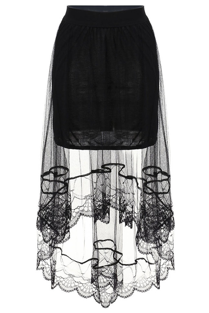 Black Lace Tulle Overlay Hi-lo Hem Skirt