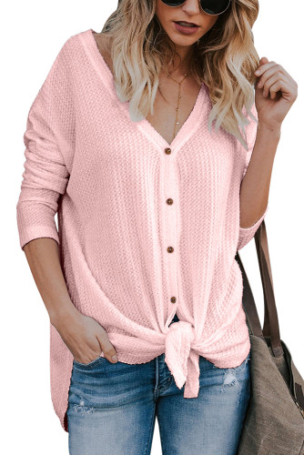 Pink Waffle Knit Button Front Blouse