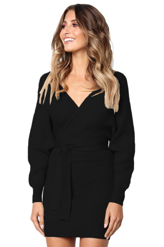 Black Long Sleeve V Neck Tied Sweater Dress