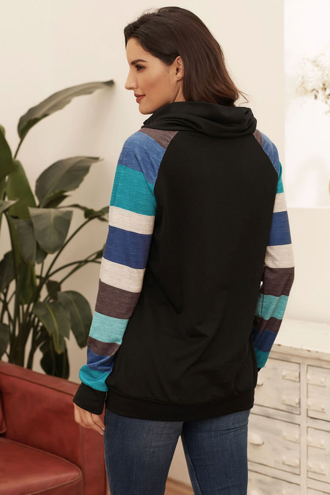 Multicolor Striped Raglan Sleeve Black Cowl Neck Sweatshirt