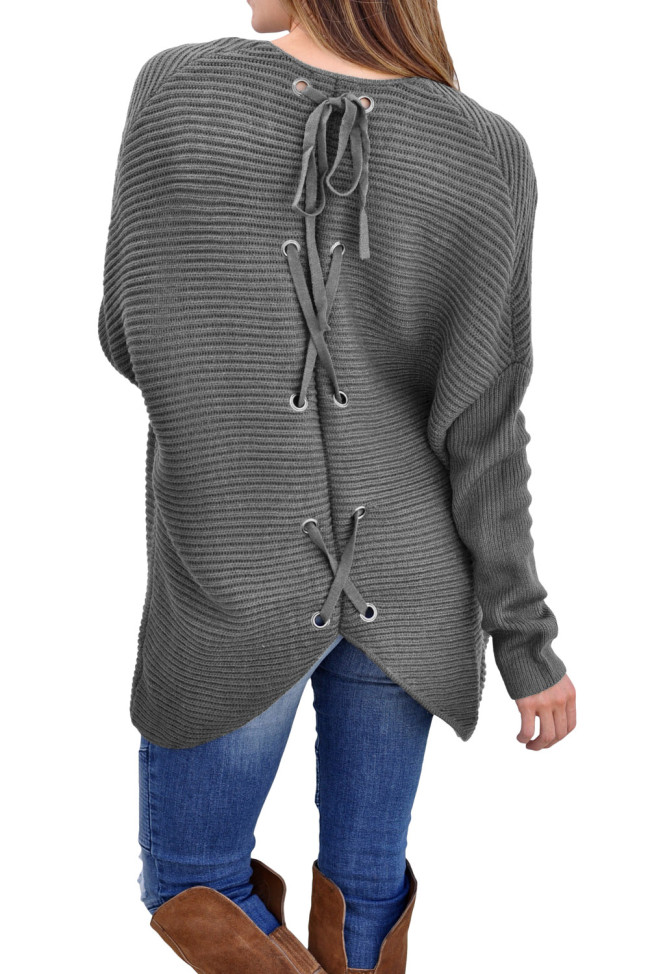 Gray Ribbed Knit Lace Up Back Sweater Cardigan