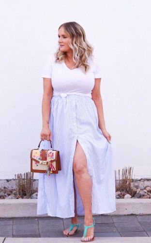 Blue White Stripes Button Front Maxi Skirt