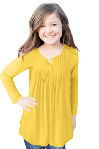 Yellow Long Sleeve Button Detail Pleated Little Girls Top