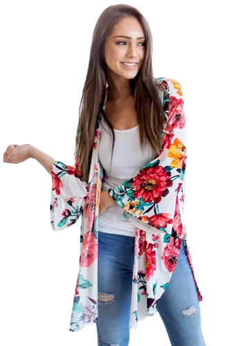 Lightweight Bell Sleeve White Floral Cardigan