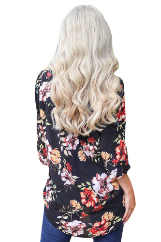 Long Sleeve Black Floral Chiffon Blouse