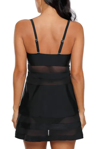 Black Mesh Striped Swimdress with Briefs