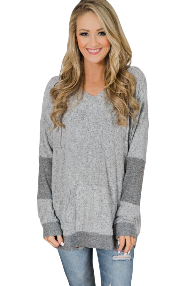 Gray V Neck Patchwork Design Hoodie