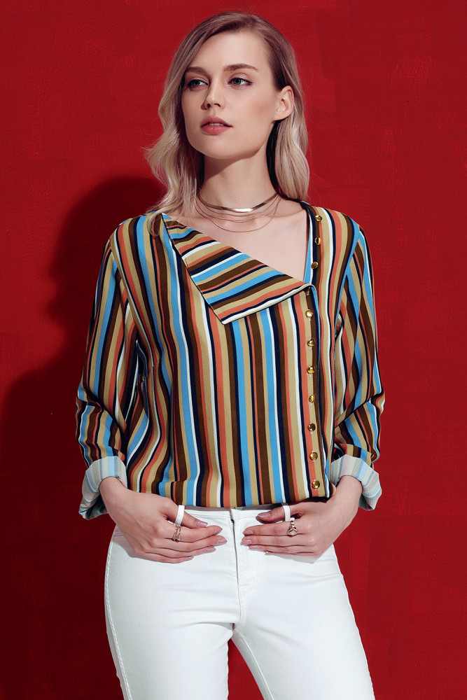 Yellow Multicolor Striped Asymmetric Button Down Shirt