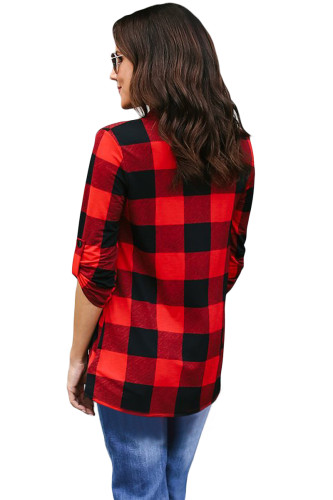 Red Black Tricolor Plaid V Neck Blouse