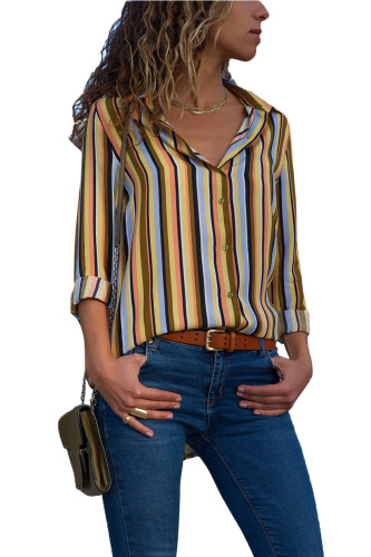 Yellow Multicolor Striped Long Sleeve Button Down Shirt