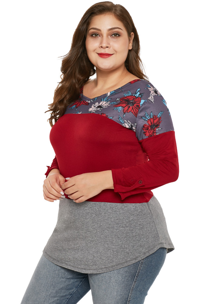 Burgundy Gray Colorblock Floral Plus Size Top
