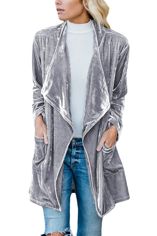 Gray Draped Open Front Velvet Jacket