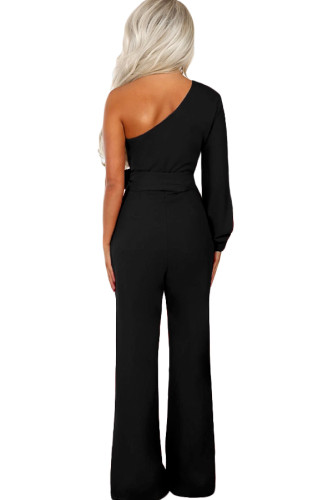 Black Asymmetric One Shoulder Wide Leg Solid Jumpsuit