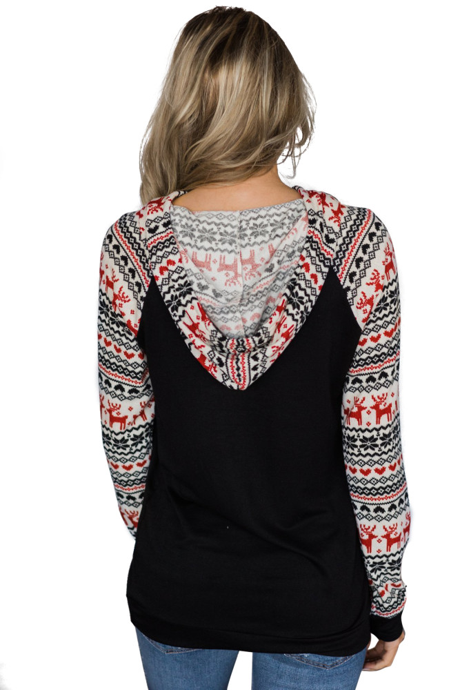 Black Christmas Reindeer Hooded Long Sleeve Sweatshirt