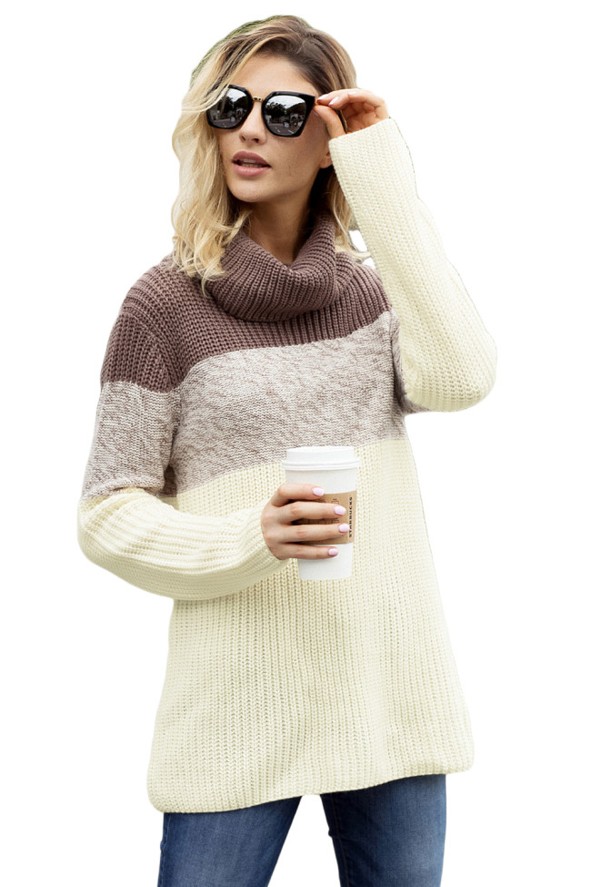 Brown Cowl Neck Color Blocked Sweater