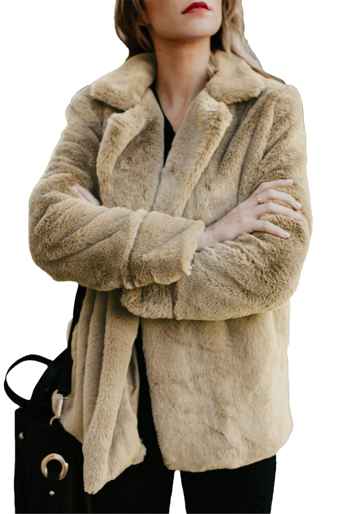 Khaki Pocket Style Fluffy Winter Coat