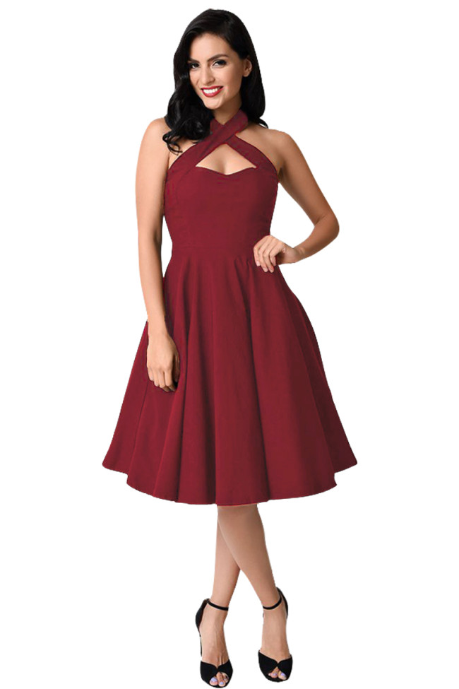 Burgundy Cross Halter Vintage Flare Dress