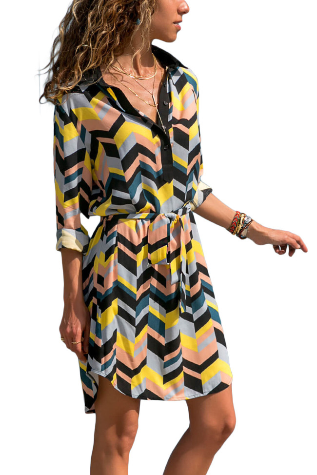 Multicolor Blocked Print Button V Neck Shirt Dress