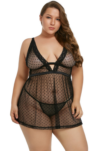 Black Plus Size Dot Mesh Lace Babydoll Set
