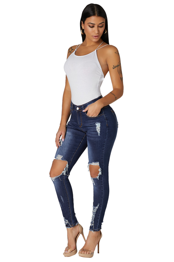 Dark Blue Destroyed Skinny Jeans