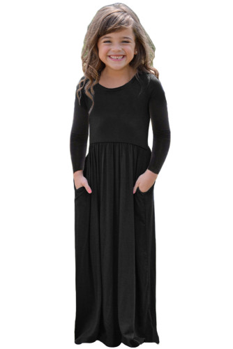 Black Long Sleeve Pocket Design Girls Maxi Dress