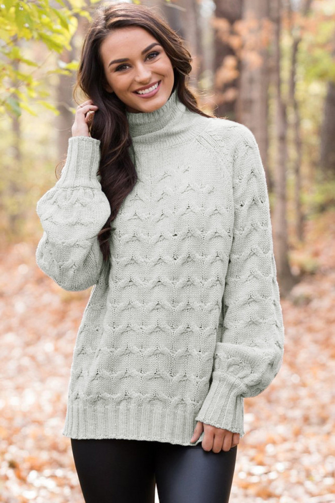 Grey Cable Knit High Neck Sweater for Women