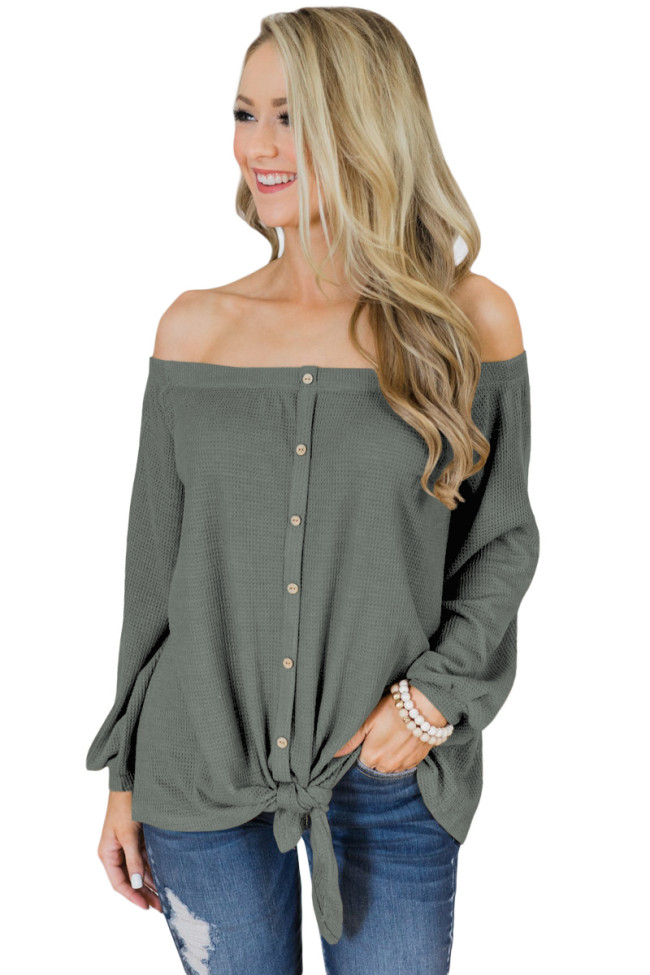 Sage Green Button Front Tie Detail Off Shoulder Top