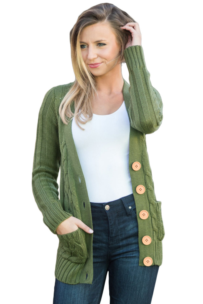 Army Green Wooden Button Cardigan
