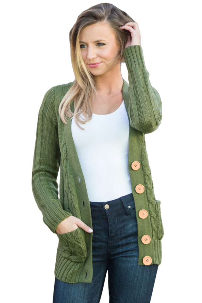 Army Green Wooden Button Cardigan
