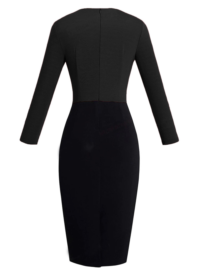 Black Contrast Waist Long Sleeve Sheath Dress