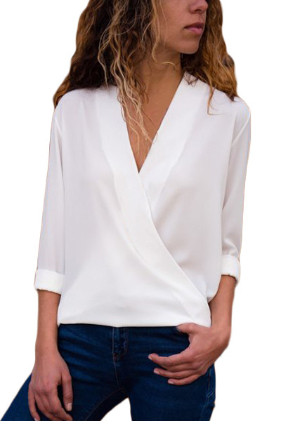 White Wrap Front Long Sleeve Blouse